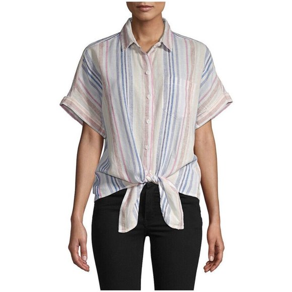 Beach Lunch Lounge Striped Tie Front Linen Button Down Blouse Sz Small - Picture 1 of 9
